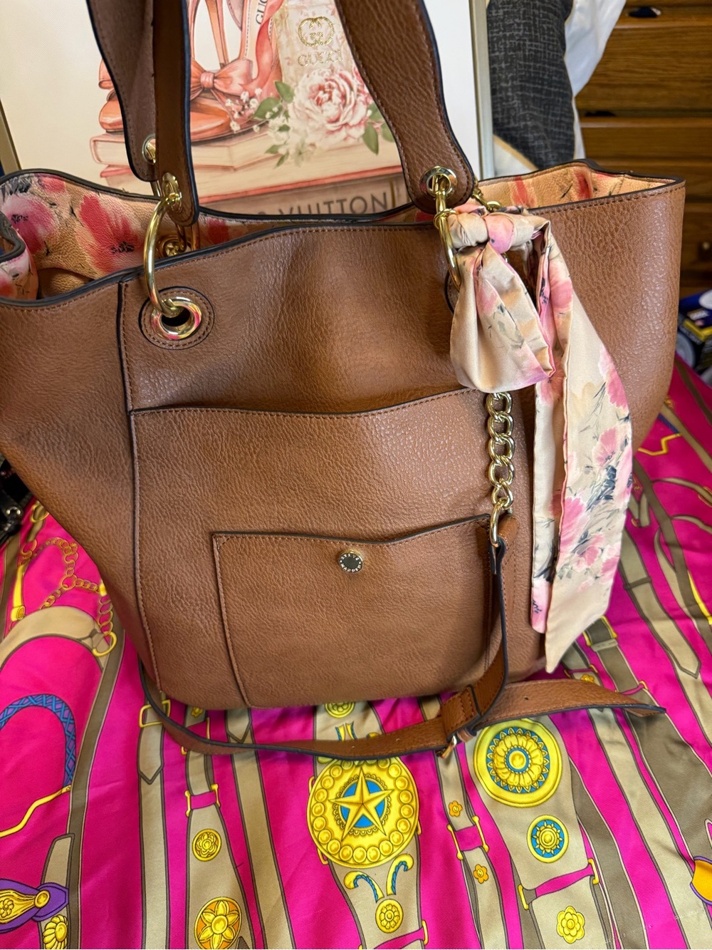 Steve Madden Brown Pebbled Faux Leather Tote Shoulder Bag Floral Lining